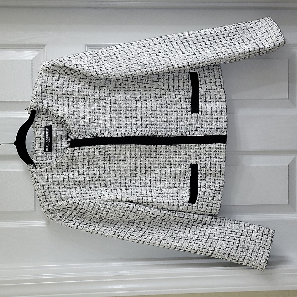 Karl Lagerfeld white, black, metallic silver tweed jacket, size 4